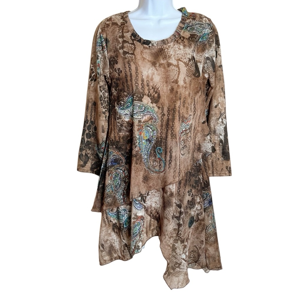 Pretty Angel Lagenlook Silk Blend Tunic S NWOT Brown Asymmetric Art To Wear